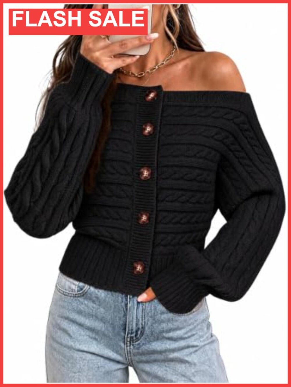 Cable Knit Off Shoulder Button Cardigan Sweater Long Sleeve Pullover